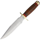 Marbles Stacked Leather Bowie MR577 Satin Clip Point Blade With Brass Guard And Pommel by Marbles
