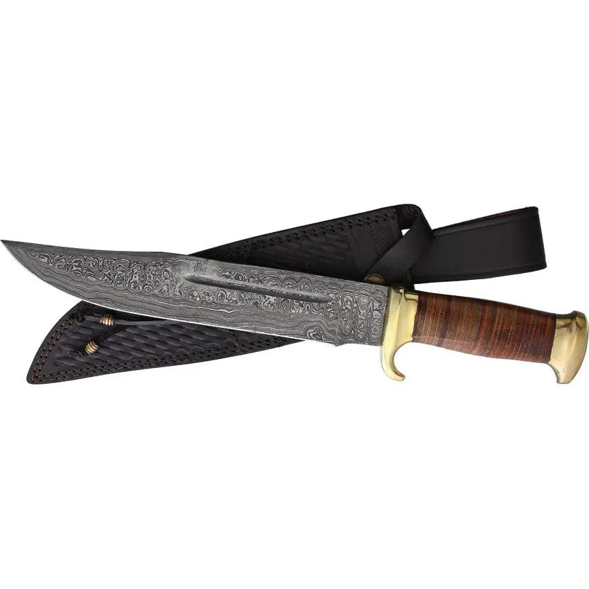 Marbles Damascus Bowie Knife - Stacked Leather Handle, Brass Guard, Belt Sheath Included by Marbles
