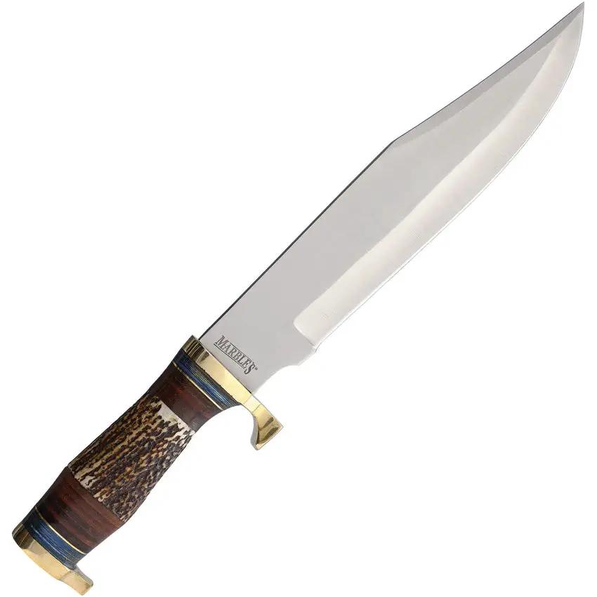Marbles Stag Bowie Knife - Satin Finished Stainless Blade, Stag Handle, Brass Guard And Pommel With Leather Sheath by Marbles