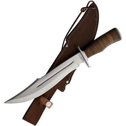 Marbles Stacked Leather Bowie MR621 - 15 Inch Overall With 10 Inch Satin Finish Blade, Leather Handle, Belt Sheath by Marbles