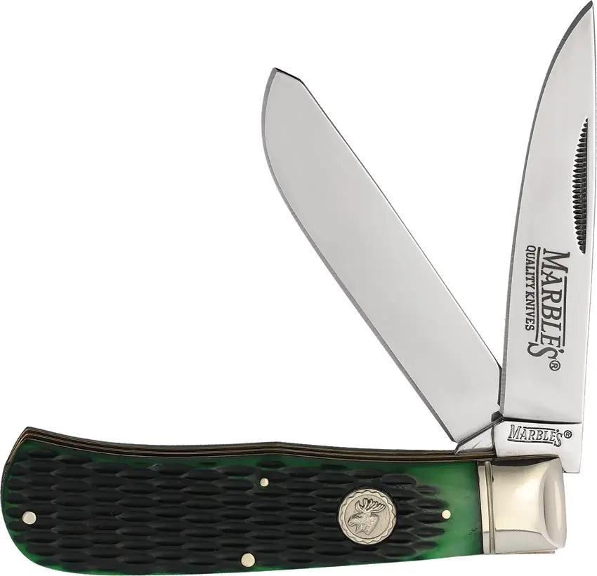 Marbles Jumbo Trapper Green Bone - Mirror Finish Stainless Clip And Spey Blades Knife by Marbles