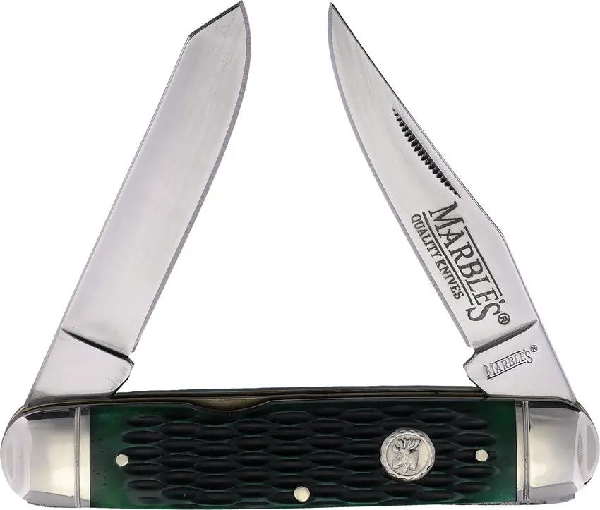 Marbles Two Blade Jack MR631 KB290 - Green Jigged Bone Handle with Mirror Finish Clip and Spey Blades by Marbles
