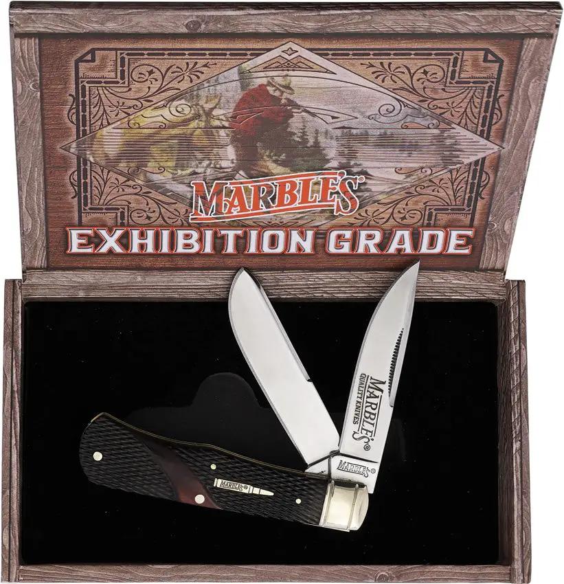 Marbles Trapper Brown Checker Knife - Brown Checkered Bone Handle and Mirror Finish Stainless Clip and Spey Blades by Marbles