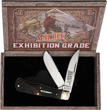Marbles Trapper Brown Checker Knife - Brown Checkered Bone Handle and Mirror Finish Stainless Clip and Spey Blades by Marbles