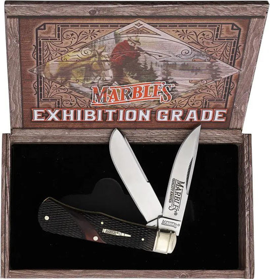 Marbles Trapper Brown Checker Knife - Brown Checkered Bone Handle and Mirror Finish Stainless Clip and Spey Blades by Marbles