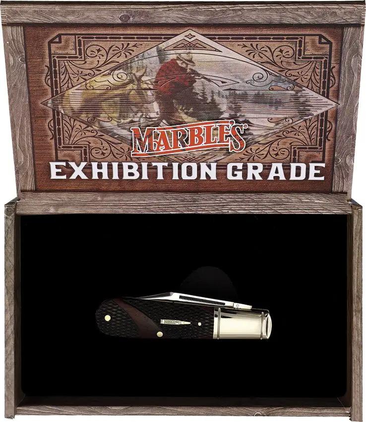 Marbles Barlow Brown Checkered Bone Pocket Knife With Satin Clip And Pen Blades Closed In Box by Marbles