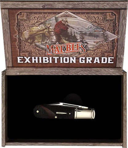 Marbles Barlow Brown Checkered Bone Pocket Knife With Satin Clip And Pen Blades Closed In Box by Marbles
