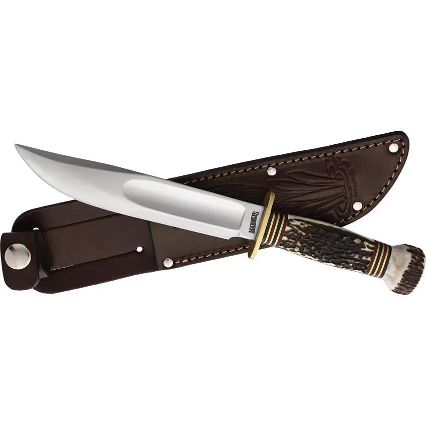 Marbles Ideal Stage Fixed Blade MR80103 - Stag Handle With Brass Guard And Pommel Satin Blade Brown Leather Belt Sheath by Marbles