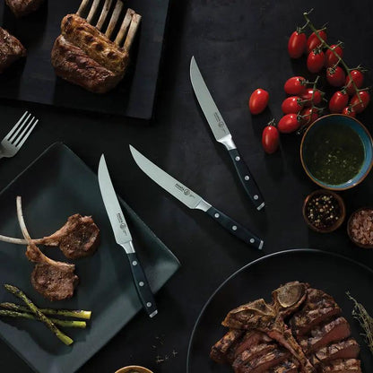 Messermeister Avanta Steak Knife Set L7684-5/4S - Satin X50CrMoV15 Blades With Full Tang Black POM Handles by Messermeister