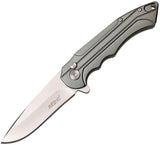MTech MT1022GY Button Lock Knife Gray Aluminum Handle 4.5in Closed 3.25in Satin Drop Point EDC by MTech