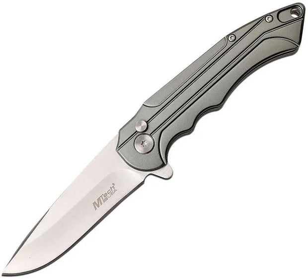MTech MT1022GY Button Lock Knife Gray Aluminum Handle 4.5in Closed 3.25in Satin Drop Point EDC by MTech