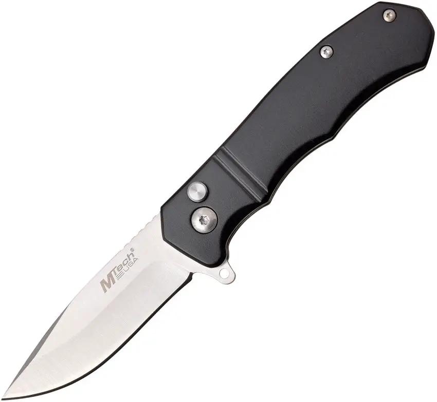 MTech Button Lock Knife Black MT1118BK Satin Blade Aluminum Handle Extended Tang EDC Ready by MTech