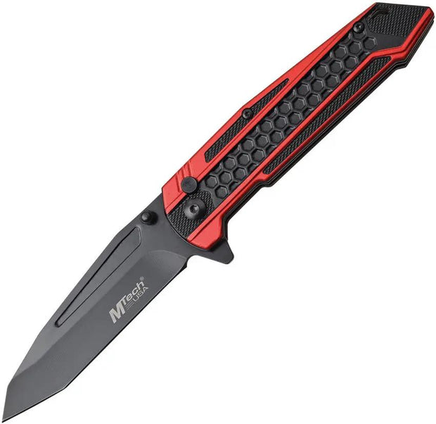 MTech Button Lock Folding Knife MT 1135RD With Quick One Hand Access Tanto Blade Red Black Aluminum Handle EDC by MTech