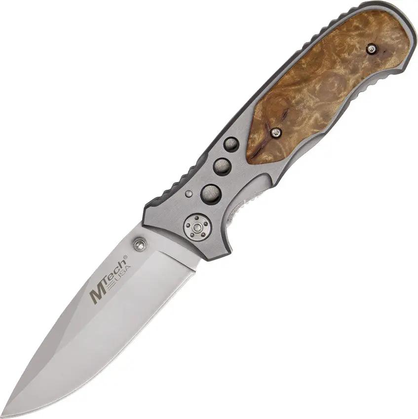 MTech Linerlock MT-423SL Folding Knife Compact Bead Blasted Stainless Blade Durable Aluminum Burl Wood Onlay EDC by MTech
