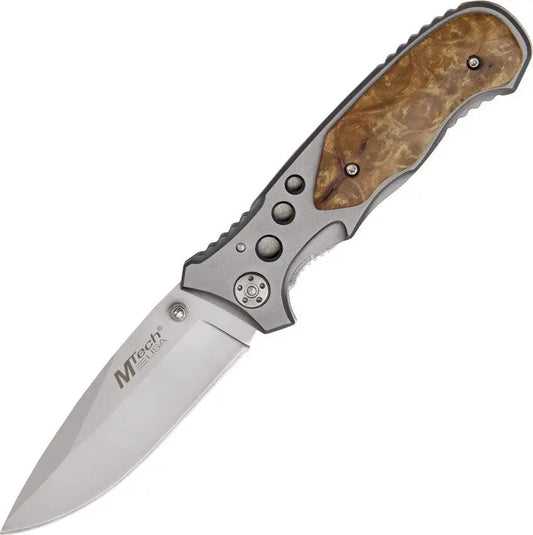 MTech Linerlock MT-423SL Folding Knife Compact Bead Blasted Stainless Blade Durable Aluminum Burl Wood Onlay EDC by MTech