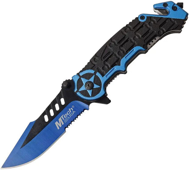 MTech Rescue Linerlock Knife With Assisted Opening For EDC And Rescue Pros 3.5 Inch Serrated Blade Blue Aluminum by MTech
