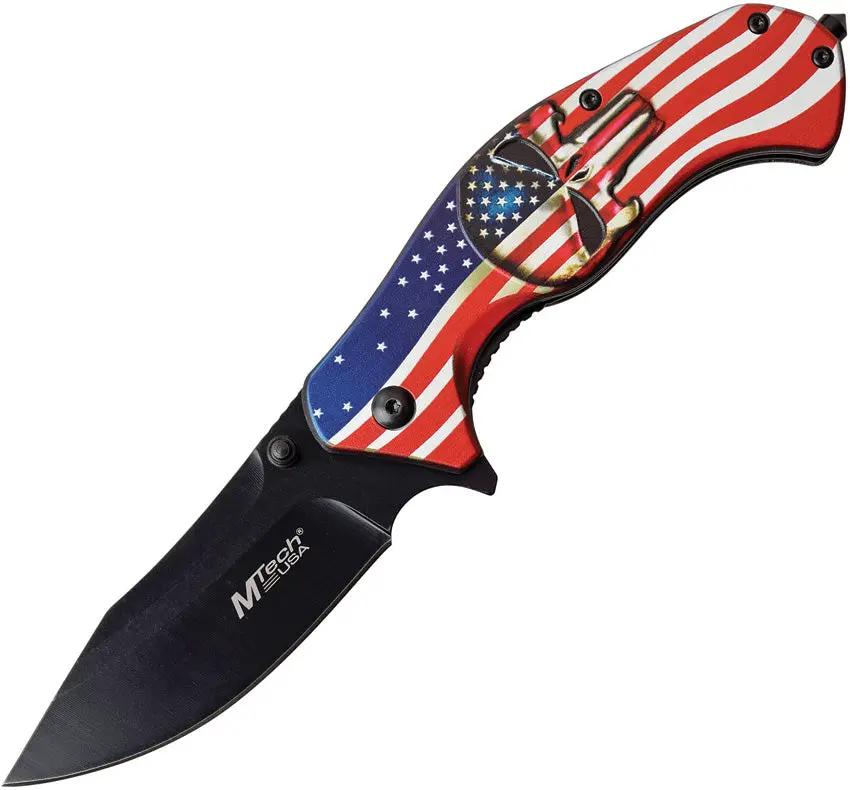 MTech American Flag Linerlock Assisted Opening Knife MT A1025A 5in Closed Black Blade EDC Collectible by MTech