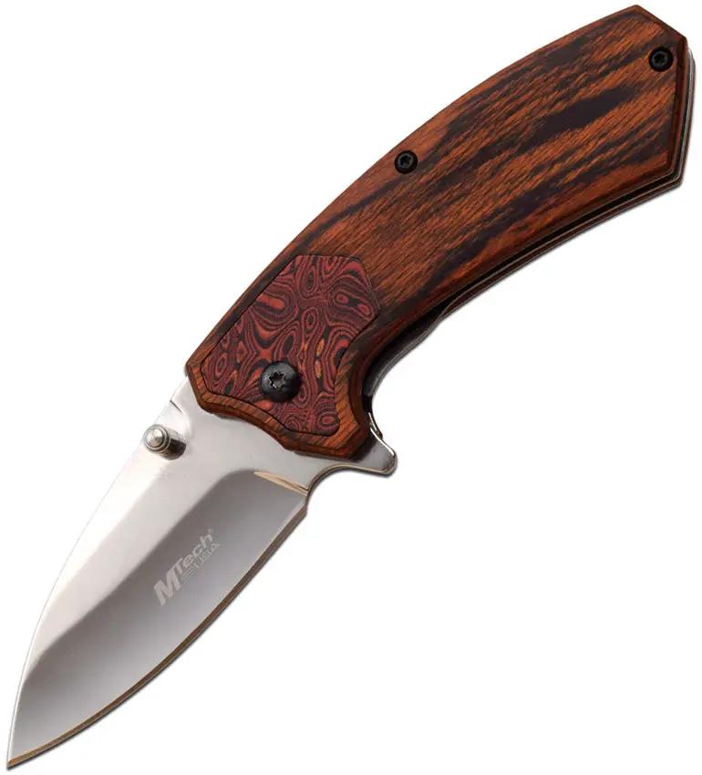 MTech Linerlock Assisted Opening Knife 3Cr13 Satin Blade Brown Pakkawood Handle Etched Inlay For EDC Enthusiasts by MTech