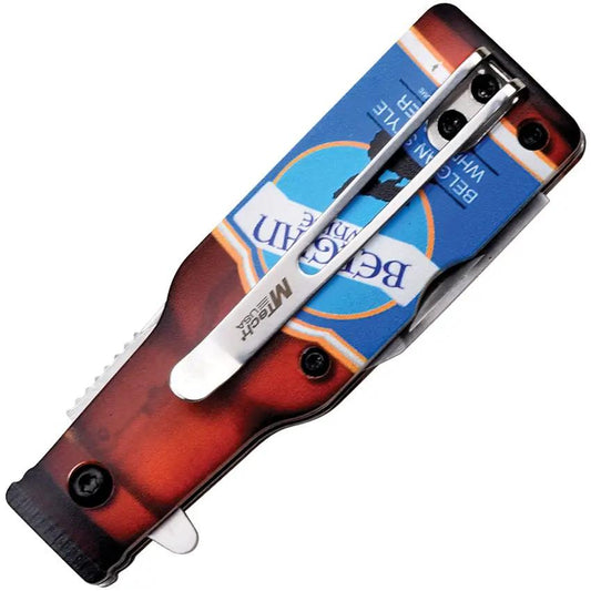 Mtech Bottle Linerlock Auto Opening Knife For EDC Enthusiasts With Belgian White Beer Artwork by Mtech