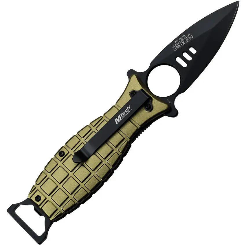 MTech Grenade Linerlock Assisted Opening Knife Green Aluminum Handle Bottle Opener EDC by MTech