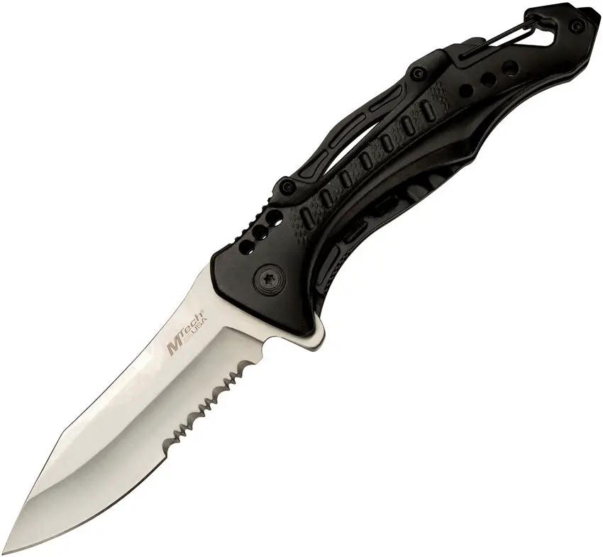 Mtech Linerlock Assisted Opening Knife MT A705G2HS Satin Blade Partially Serrated Black Aluminum Handle For EDC Fans by Mtech