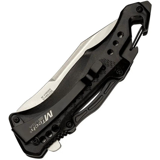 Mtech Linerlock Assisted Opening Knife MT A705G2HS Satin Blade Partially Serrated Black Aluminum Handle For EDC Fans by Mtech