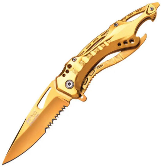 MTech Linerlock Assisted Opening Knife MT A705GD Gold Finish Blade With EDC Clip Glass Breaker Tang Bottle Opener by MTech