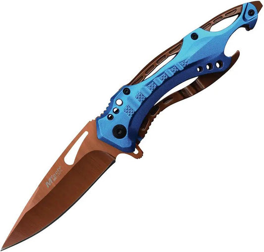 Mtech Linerlock AO Knife MT A705OBL For Everyday Carry One Handed Deploy TiNi Rose Blade Blue Aluminum Handle by Mtech