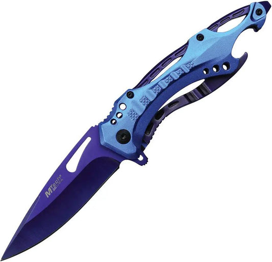 Mtech Linerlock Assisted Opening Knife MT A705PBL Purple TiNi Blade Blue Aluminum Handle EDC Enthusiasts by Mtech