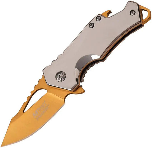 MTech Framelock Assisted Opening Gold Knife MT A882SGD Compact EDC Folding Titanium Coated Blade Mirror Finish Handle by MTech