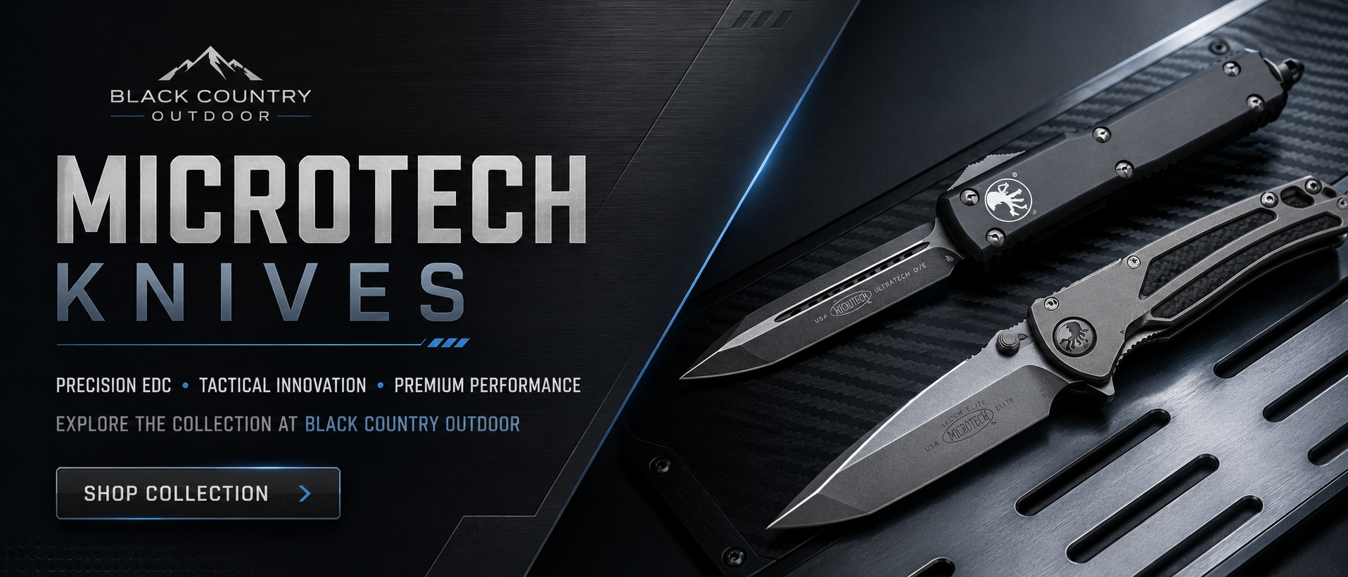 Microtech knives collection at Black Country Outdoor with premium OTF and folding knives