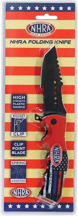 NHRA National Hot Rod Association Half Flag Linerlock Assisted Opening Knife - Black Serrated Tanto Blade by National Hot Rod Association