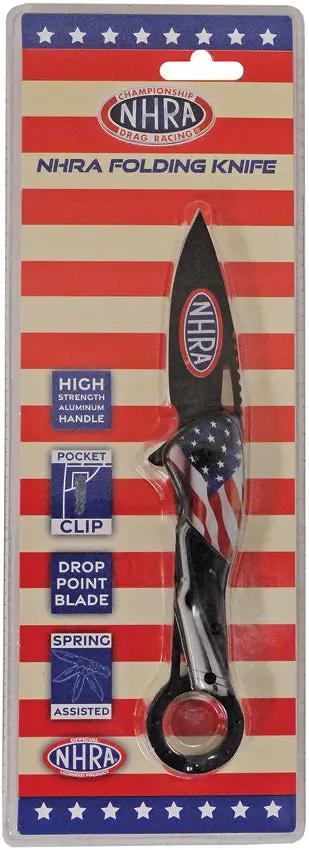 National Hot Rod Association Flag Linerlock Knife - Assisted Opening With 3 Inch Black Blade And ABS Handle by National Hot Rod Association