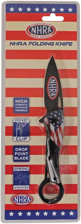National Hot Rod Association Flag Linerlock Knife - Assisted Opening With 3 Inch Black Blade And ABS Handle by National Hot Rod Association