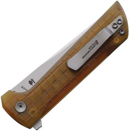 North Mountain Blade Chop 2 Button Lock PEI 2405PEI - Amber Textured PEI Handle With Extended Tang by North Mountain Blade