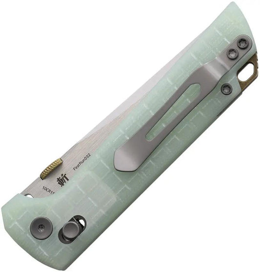North Mountain Blade Chop 2 Crossbar Lock Jade Knife With Five Layer Copper Clad Steel Tanto Blade And G10 Jade Handle by North Mountain Blade