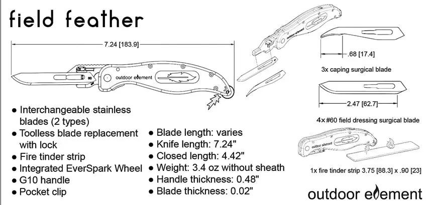 Outdoor Element Field Feather Linerlock FDFK - EverSpark Tech Orange G10 Handle With Four Extra Blades by Outdoor Element