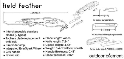 Outdoor Element Field Feather Linerlock FDFK - EverSpark Tech Orange G10 Handle With Four Extra Blades by Outdoor Element