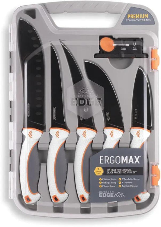Outdoor Edge Ergo Max 6Pc Processing Set EM1 - Ergonomic Full Tang Blades With Sharpener For Pros And Home Chefs by Outdoor Edge