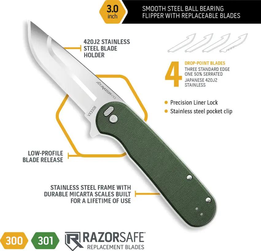 Outdoor Edge Razor VX3 Linerlock Assisted Opening Folding Knife For Outdoor Enthusiasts Green Canvas Micarta Handle by Outdoor Edge