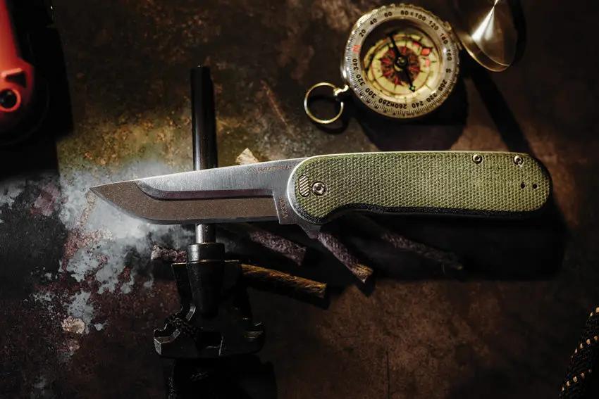 Outdoor Edge Razor VX3 Linerlock Assisted Opening Folding Knife For Outdoor Enthusiasts Green Canvas Micarta Handle by Outdoor Edge