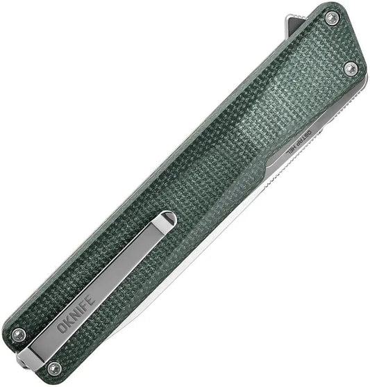 Oknife AION Linerlock Green Canvas Micarta - 3.5in Drop Point Blade Extended Tang Pocket Clip by Oknife