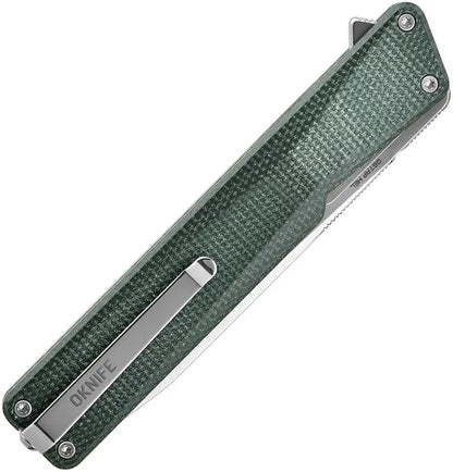 Oknife AION Linerlock Green Canvas Micarta - 3.5in Drop Point Blade Extended Tang Pocket Clip by Oknife