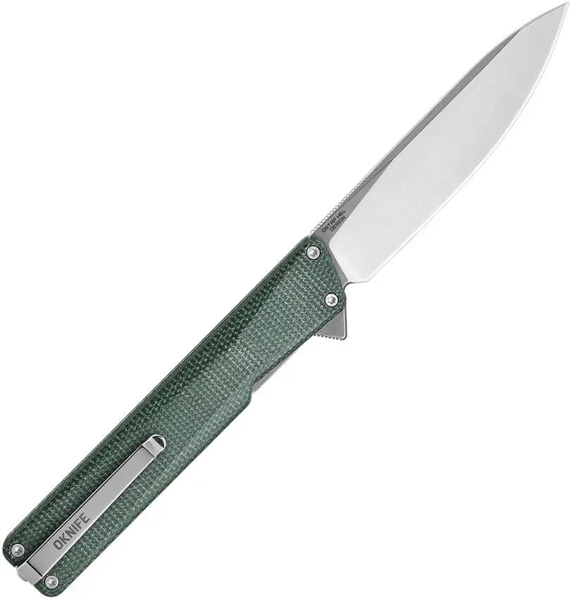 Oknife AION Linerlock Green Canvas Micarta - 3.5in Drop Point Blade Extended Tang Pocket Clip by Oknife