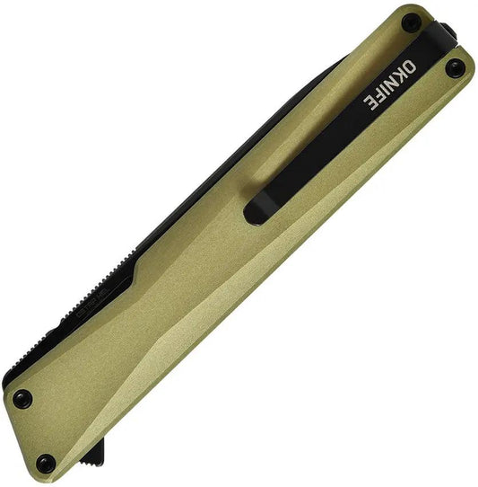 Oknife AION Liner Lock Olive Green - Nitro V Black PVD Coated Drop Point Blade With Matte Gold Aluminum Handle by Oknife