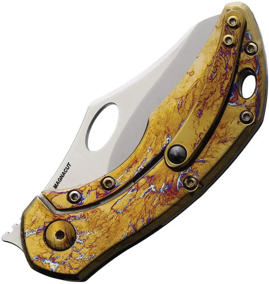 Olamic Cutlery Busker Framelock - Gold Copper Carbon Fiber Handle With Gold Anodized Titanium Back EDC Knife by Olamic Cutlery