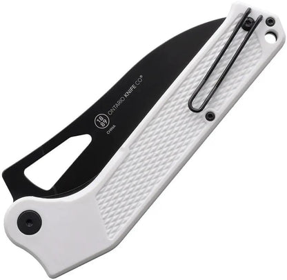 Ontario Camp Plus EDC Linerlock Knife - White Glass Filled Nylon Handle Four Point Five Inch Black Blade Pocket Clip by Ontario