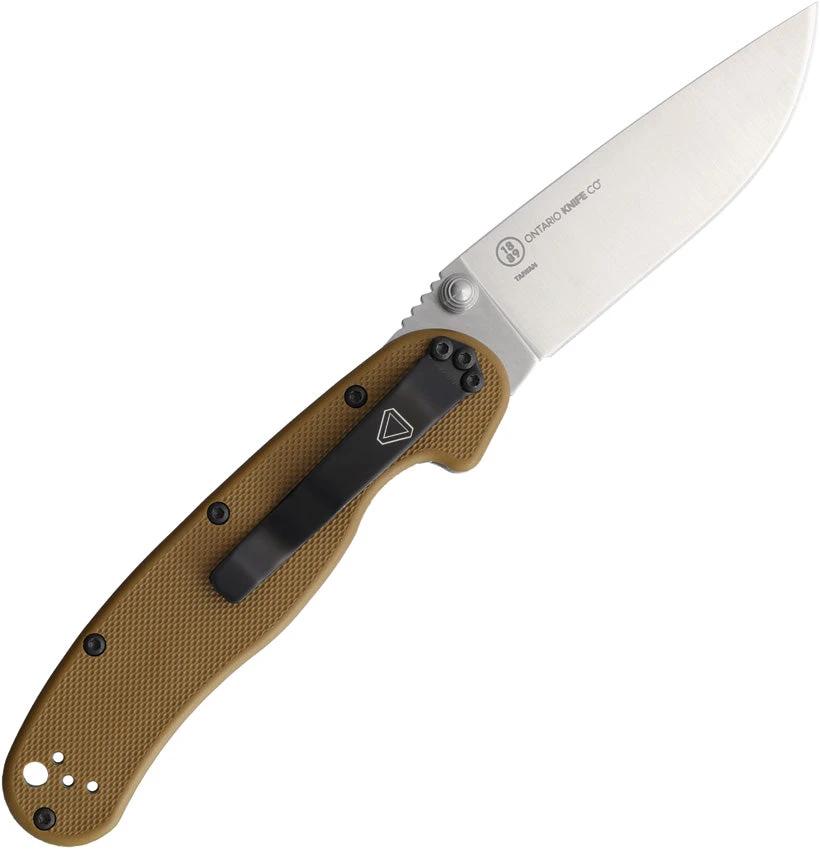 Ontario RAT II Linerlock Knife Coyote Brown 3in Satin D2 Drop Point Blade Lanyard Hole Pocket Clip For EDC Enthusiasts by Ontario