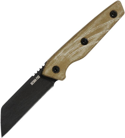Ontario Besra Fixed Blade Knife 3.25in 1075HC Steel Full Tang Tan Canvas Micarta Handle Leather Sheath Survival by Ontario