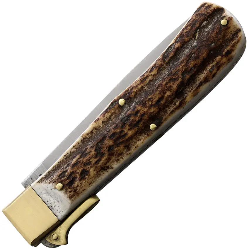 OTTER-Messer Hunting Pocket Knife - Stainless 4 Inch Satin Blade Buck Horn Handle Brass Bolsters For Hunters by OTTER-Messer
